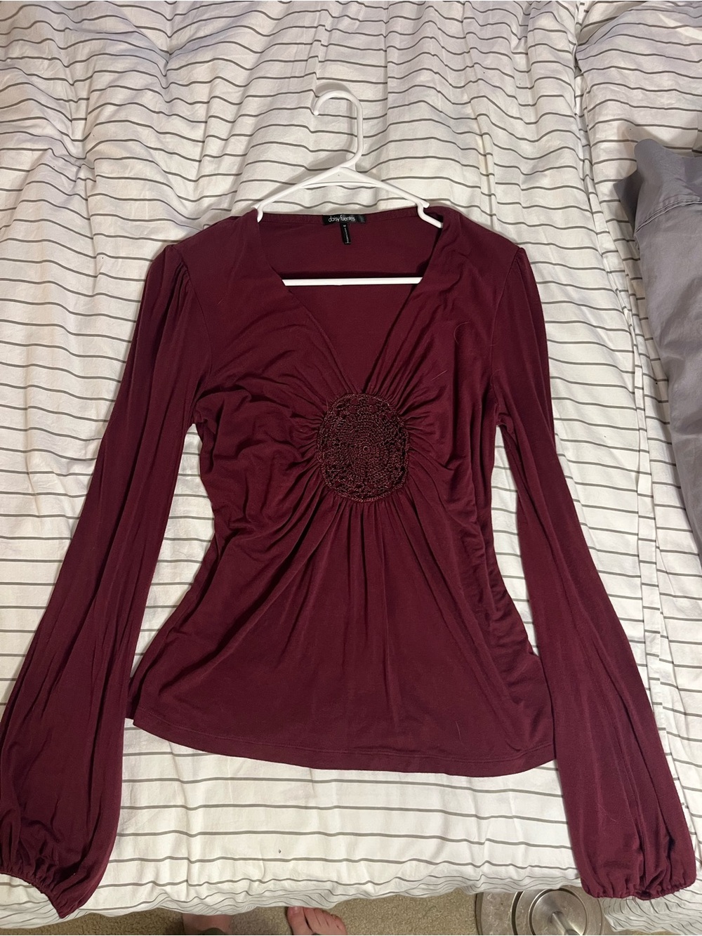 Daisy Fuentes Burgundy Long Sleeve V-Neck Top with Crochet Medallion